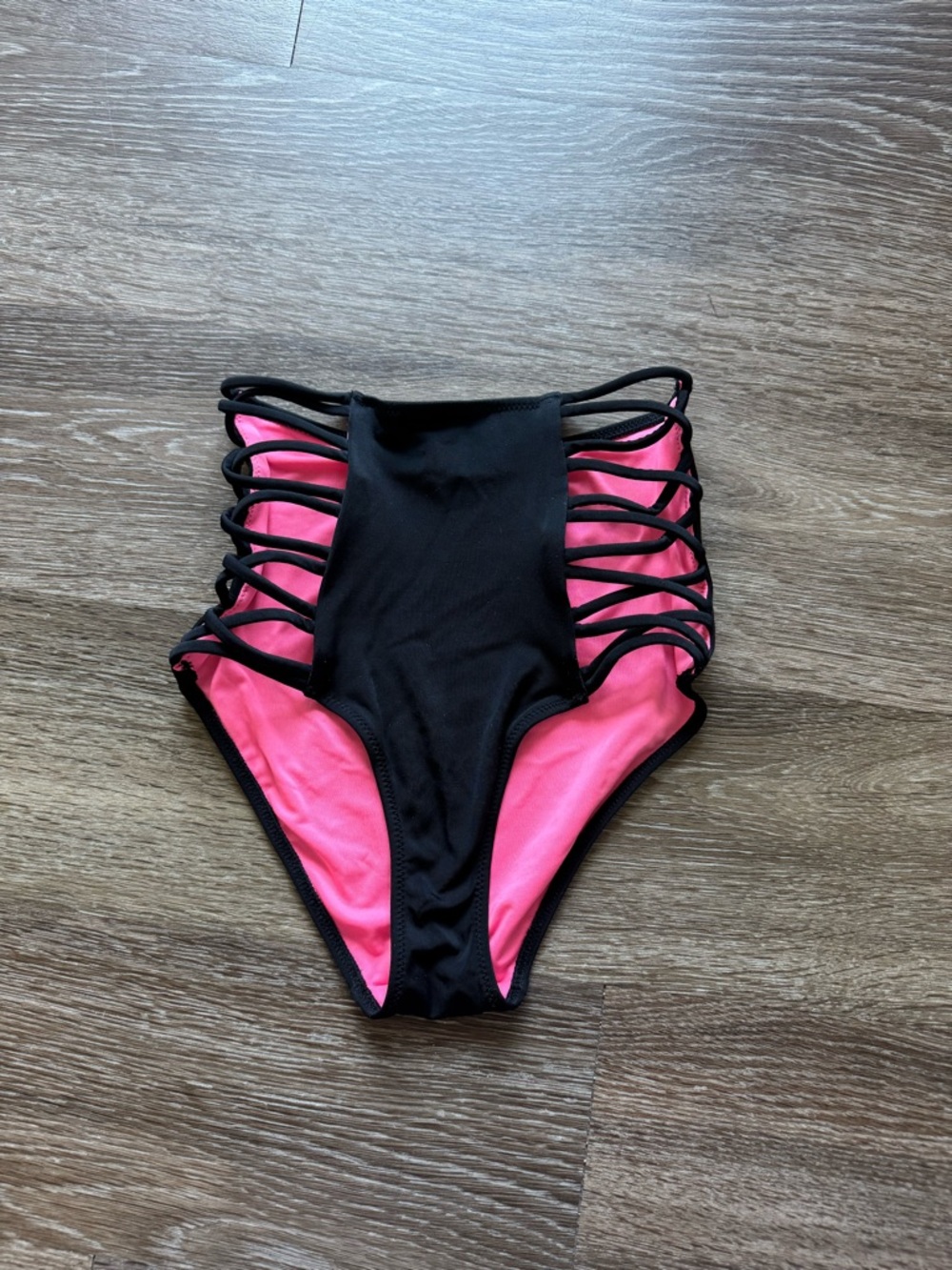 PINK Victoria's Secret Black & Hot Pink High-Waist Strappy Bikini Bottom